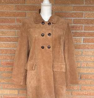 Y2K Baxis & Baxis Pea Coat Jacket M Womens Suede Leather Lined Tan Double Breast